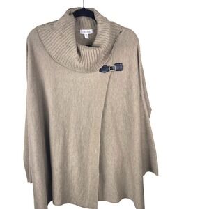 Calvin Klein Taupe Knit Sweater Poncho Cape Cowl Neck Buckle s/m oversized